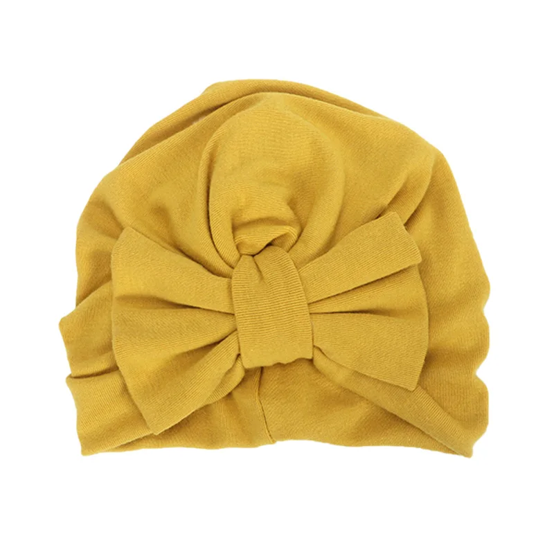 Yellow baby hat Новая зимняя детская шапка для девочек с большим бантом, Осенняя детская шапка-тюрбан, реквизит для фотосессии, Младенческая шапочка, шапка для маленьких девочек, аксессуары, 12 цветов - Цвет: Yellow baby hat