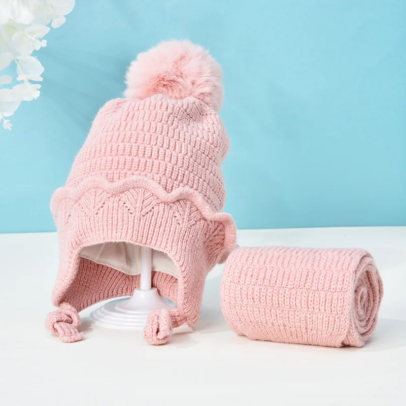 Girls Sweet Two Pieces Hat Scarf Set Cap Children's Hats Baby Boys Caps Fake Ball Pompon Keep Warm Winter Knitted Skullies Kids