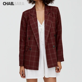 

Vintage Double Breasted Plaid OL Blazers Coat Women 2019 Fashion Long Sleeve Office Ladies Outerwear Casual Workwear Jacket Tops