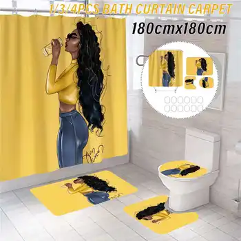 

180x180cm Bathroom Set Waterproof Shower Curtain Non-slip Mats Bath Carpets Toilet Seat Cover Lid Floor Mat Bathroom Decor Lady