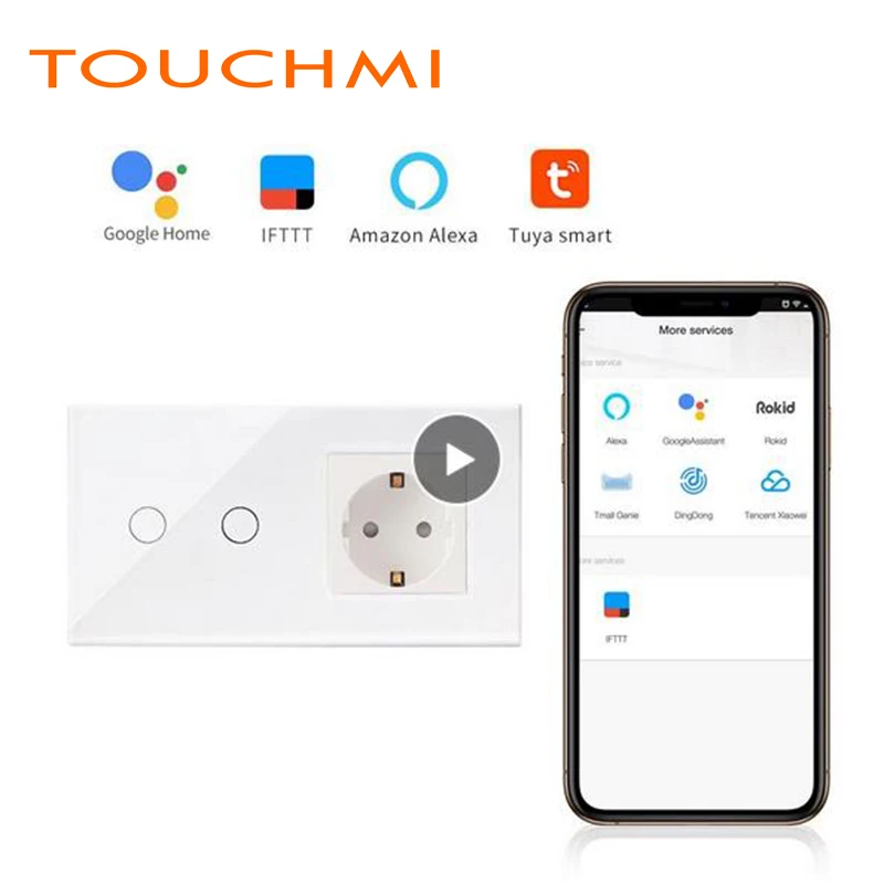 

TOUCHMI Smart Home Automation Wall Switch EU Standard 2 Gang 1 Way Wifi Glass Panel Touch Switch Wireless Control By Tuya APP