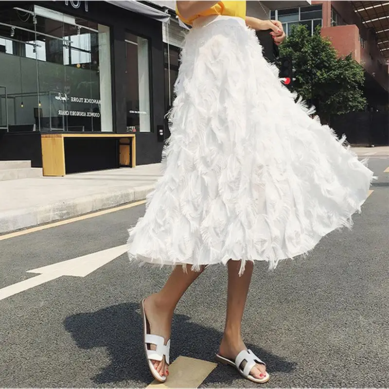 Женская Весенняя пышная Тюлевая юбка с кисточками, Женская плиссированная юбка с эластичной талией, элегантная Однотонная юбка трапециевидной формы