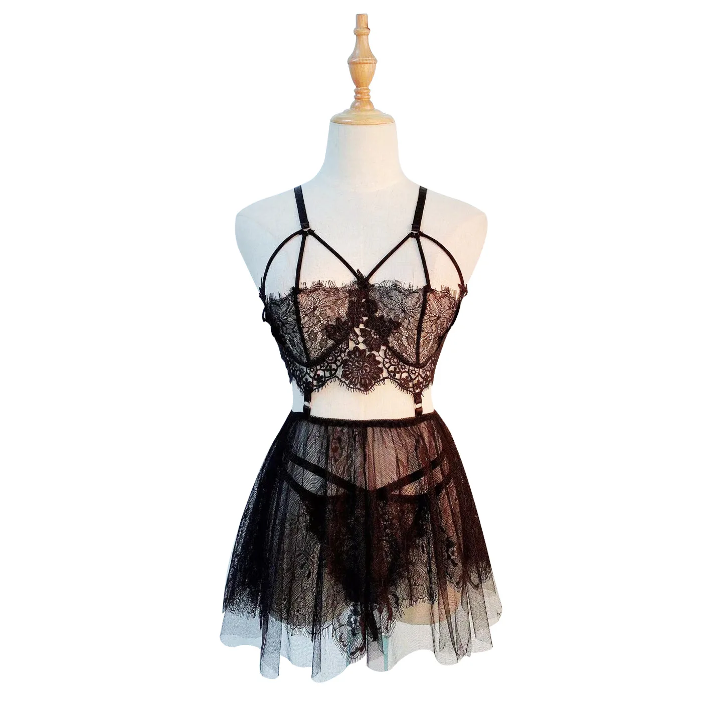 New Style Sexy 1 Set Dress + T-back Transparent Temptation Lace Sleepwear Babydoll Chemise Sex Clothes Erotik Women Cosplay
