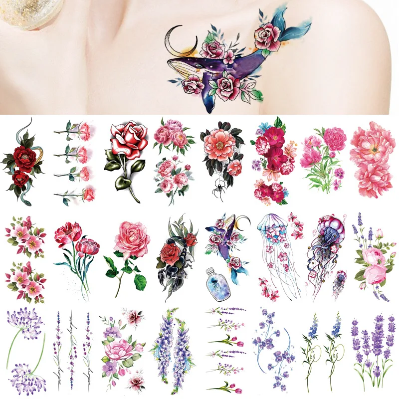 

1pc Flower Temporary Tattoo Stickers Female Waterproof Sexy Watercolor Body Art Fake Tattoos Arm Chest Full Body Tattoo Sticker