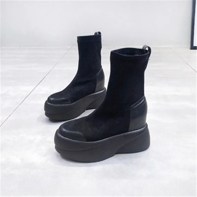 Ботинки на платформе; женская обувь; scarpe donna; ботинки на высоком каблуке с круглым носком; модная обувь на толстой подошве; chaussures femme; Плюшевые ботинки