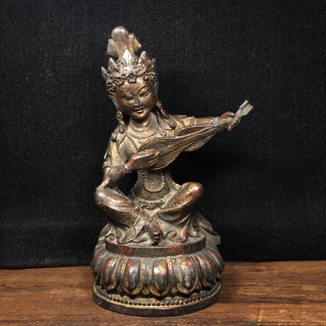 

6"Tibetan Temple Collectio Old Bronze Cinnabar Mud gold Miaoyin Sarasvati Tiannv Lotus Terrace shiva Sitting Buddha Town House