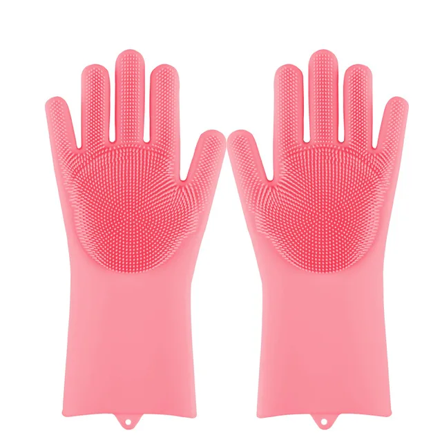 1 пара силиконовых перчаток для мытья посуды с чистящей щеткой, перчатки для мытья кухонной посуды, перчатки для мытья посуды - Цвет: Pink-1 pair