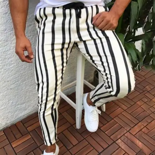 Белый Casual Pocket Workout Pants Fashion Street Hip Hop Slim Pants M \ XXXL Youth Men's Striped Stretch Waist Track Pants - Цвет: Белый