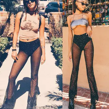 

Fashion Women Ladies Pants Leg See-through Long Leggings Mesh Wide Leg Black