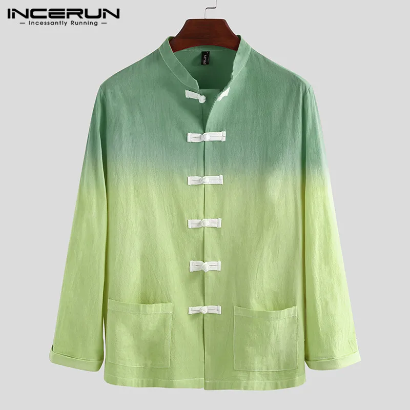 INCERUN Retro Men Shirt Button Up Stand Collar Gradient Long Sleeve Cotton Vintage Ethnic Style Casual Shirts Streetwear Camisa