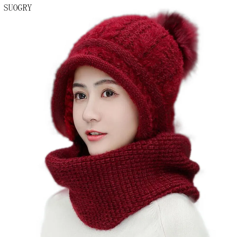 Зимние кроличьи волосы вязанные шарф и шапка набор шапка женский шарф ...