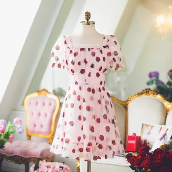 

Strawberry Print Mesh Sweet Ruffles Dress Chiffon Women Casual Pearls Elegant Dress Fairy Princess Summer Beach Pink Short Dress