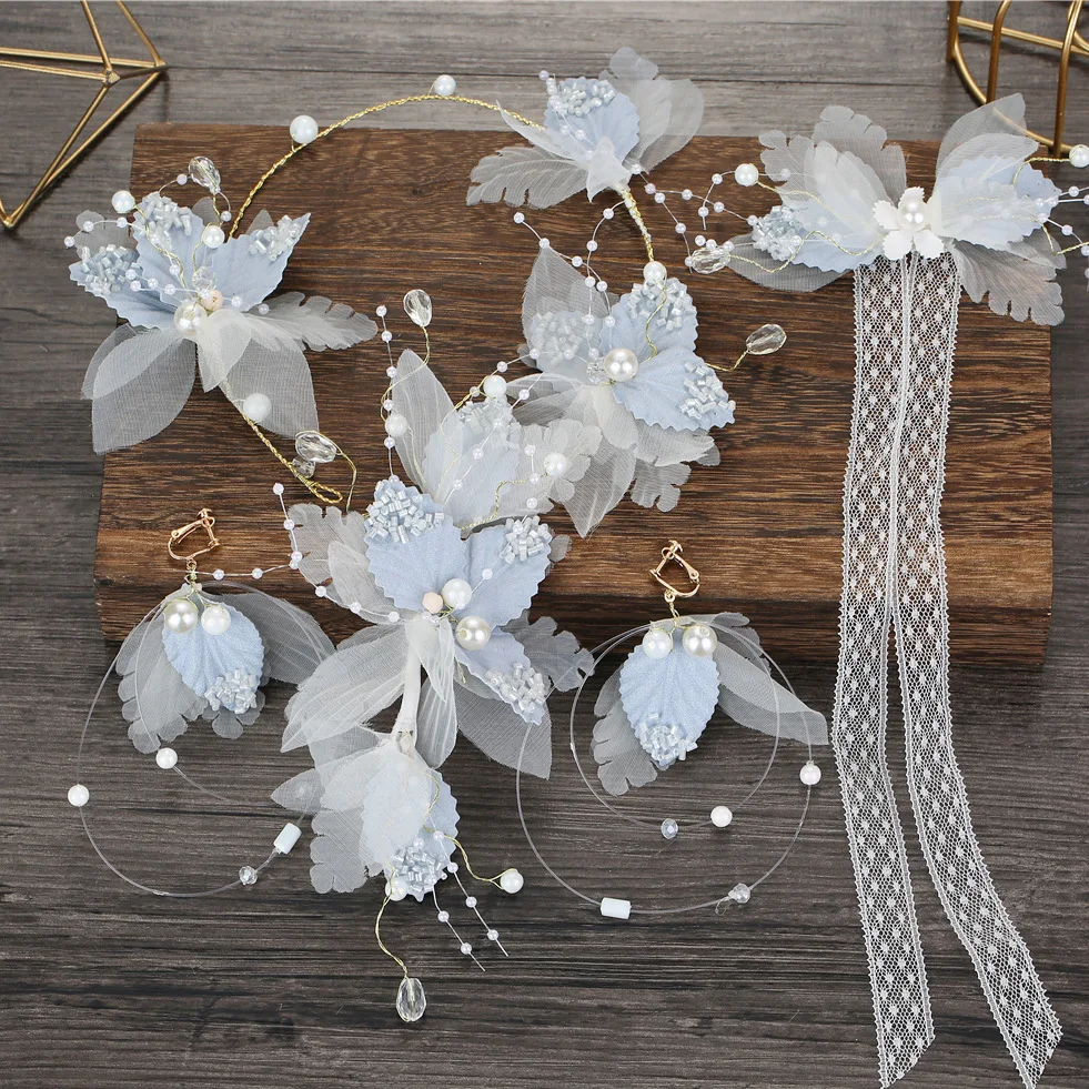 Beautiful Silk Yarn Flower dreamy Earrings Exterior Style headband Wedding hair accessories for bride
