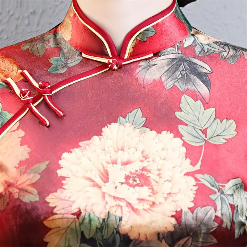 7000-r Винтаж ручной работы Кнопка Cheongsam 2 шт. Комплект женский традиционный цветочный принт Qipao Мода Атлас qipao Vestidos - Цвет: 7000-r