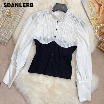 

2020 Spring New Womens Elegant Court Retro Black and White Stitching High Waist Chiffon Shirt Women's Slim Blouse Tops Femme