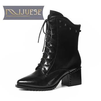 

MLJUESE 2021 women soft ankle boots cow leather lace up rivet boots winter short plush pointed toe high heels women boots
