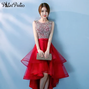 

Luxury Handmade Beading Sequin Wine Red Evening Dresses Short O-neck Sleeveless Tiered Tulle High Low Prom Dresses 2020