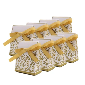 

100Pcs Wedding Favour Candy Boxes Bags with Ribbon Sweet Cake Gift Party Decoration Gold