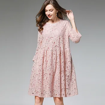 

LXMSTH Women's Lace Dress Plus Size O Neck Loose New Autumn O Neck Casual Loose Knee Length Dresses Female Pink Blue Green