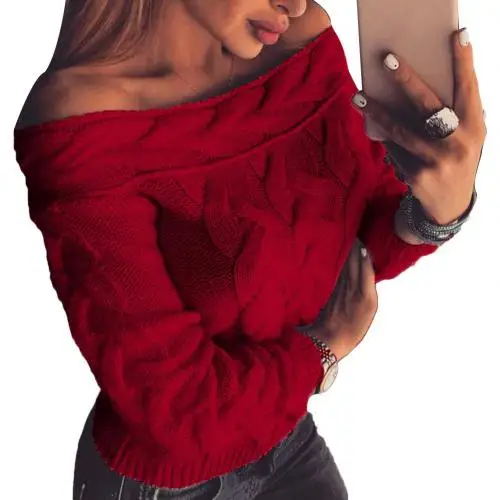 Женский осенне-зимний сексуальный однотонный вязаный свитер с открытыми плечами и длинным рукавом, джемпер, Женский пуловер, свитера - Цвет: Красный