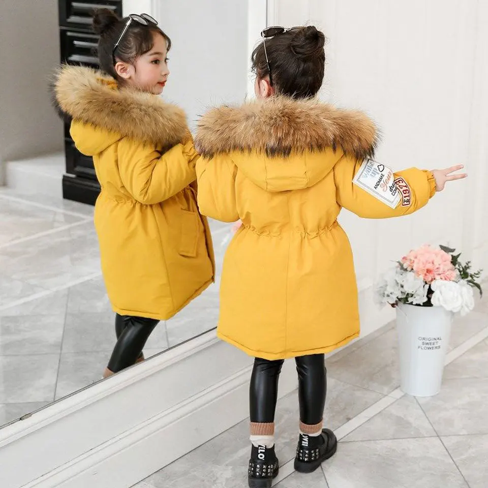 Зимние куртки для девочек; коллекция года; Модное теплое плотное зимнее пальто для девочек; парка с длинными рукавами и меховым воротником высокого качества; От 3 до 12 лет