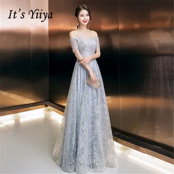 

It's Yiiya Evening Dress Boat Neck Sliver Shining Formal Dresses Elegant Short Sleeve Plus Size Women Long robe de soiree E1310