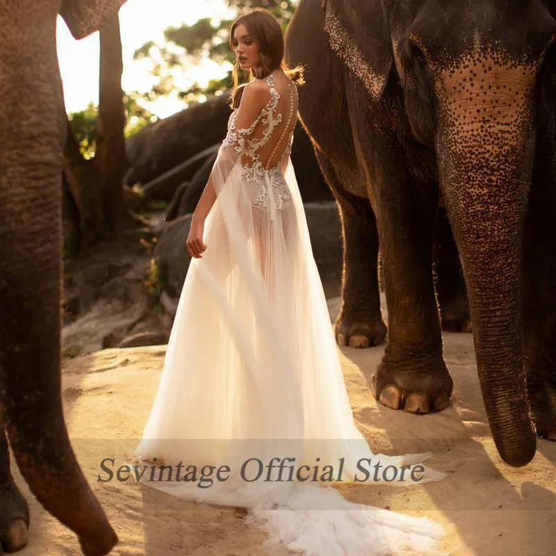 Sevintage пляжные кружевные свадебные платья с аппликацией Boho Sheer Back с пуговицами Длинные свадебные платья с рукавами Vestido De Novia Sirena