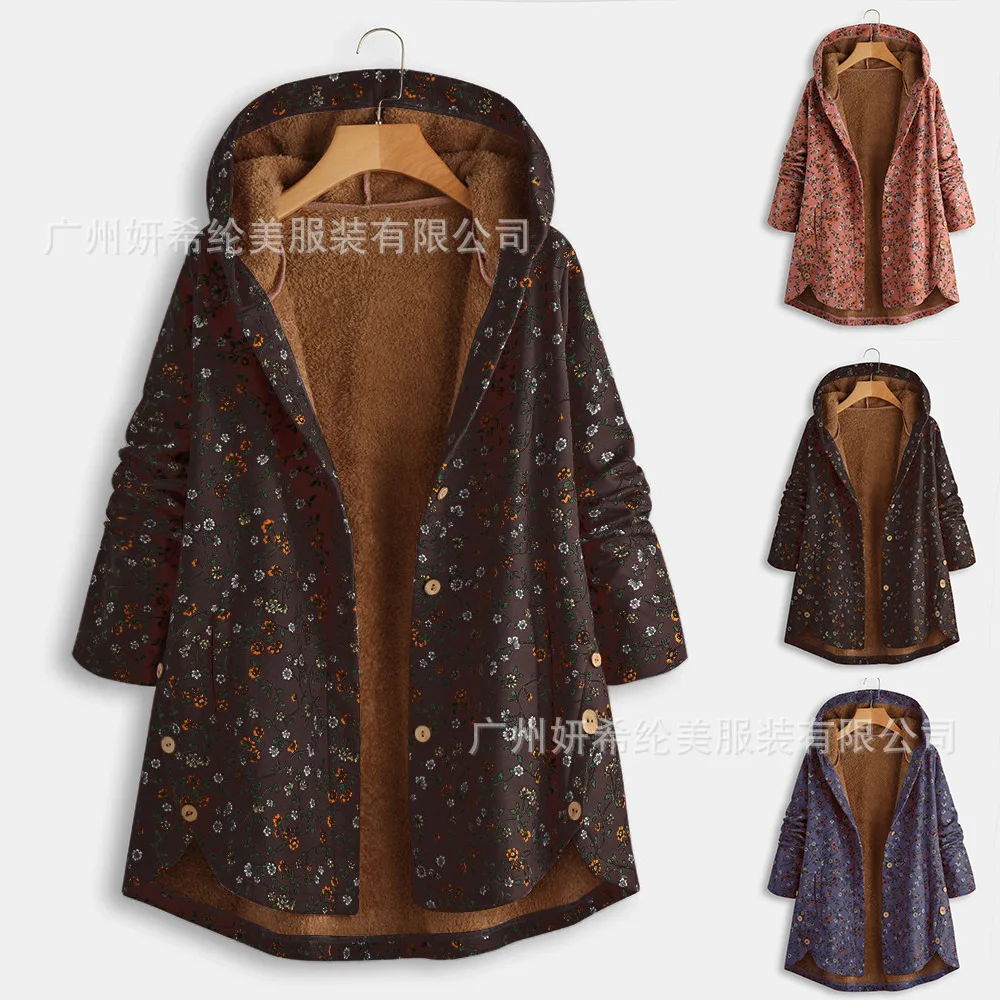 

Europe And America Autumn And Winter New Style Ethnic-Style Retro Small Floral Printing plus Velvet Cotton Jacket Hooded Single-