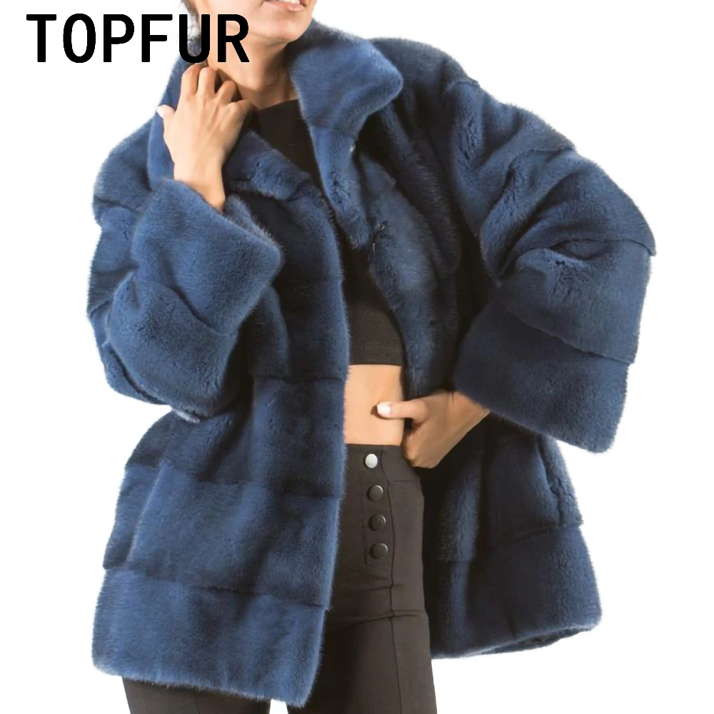 

TOPFUR Real Fur Coat Woman Import Dark Blue Natural Mink Fur Jacket Luxurious Basic Jacket Fashion Winter Coat High Quality