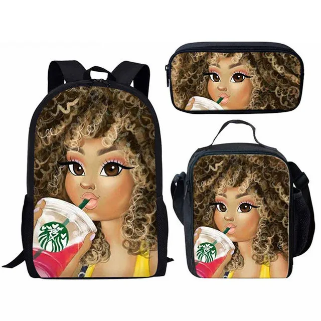 Aulaygo Black African American Girl Afro Girls Pattern Backpack Set School Bag Lunch Box Pencil Case for Girls/Students 