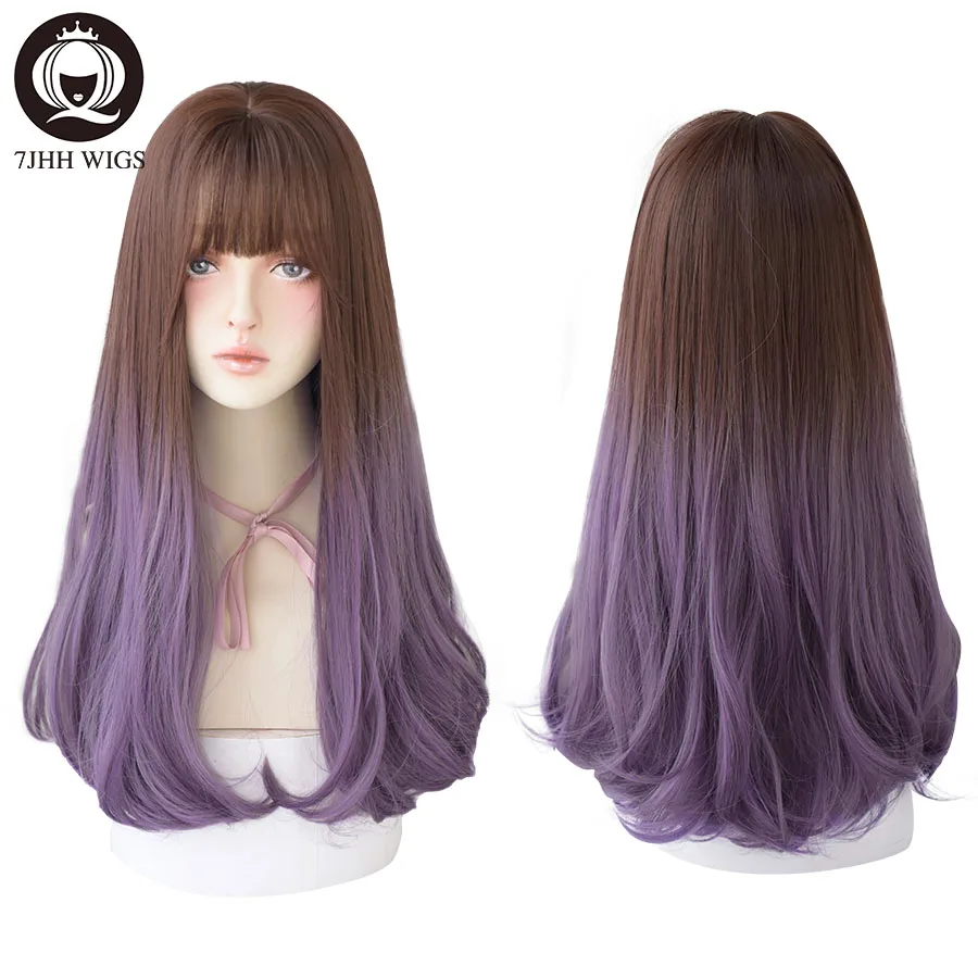 7JHH WIGS Loose Long Wavy Brown Ombre Purple Wig for Women High Density Synthetic Layered Hair Wigs with Bangs Costume Wigs nerdy layered cursive logo pullover hoodie purple