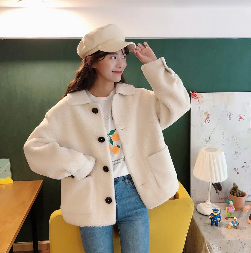 

Korean-style College Style Lambs Wool Coat Women's Short 2019 Autumn And Winter New Style Granule Chenille Coat Loose-Fit Sweet