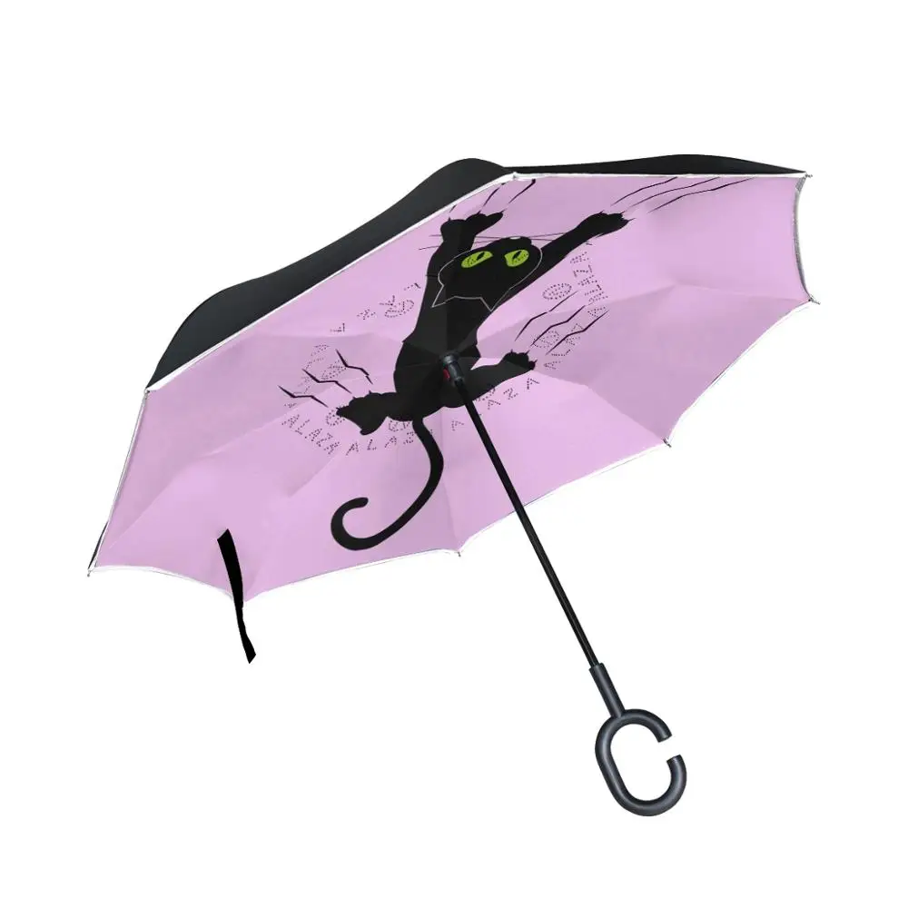 

Susino Black Cat Pink Reverse Umbrella Women Men Double Layer C-Shape Handle Ladies Umbrellas Waterproof Windproof