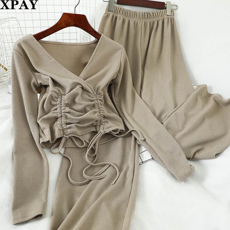 

New Korean Summer Red Knitted Suit Women 2 Pieces Set Drawstring Waist V Neck Lace Up Short Tops Tee High Waist Wide Leg Pants