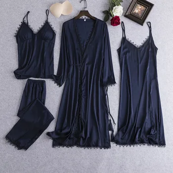 

2020 4 Pieces Silk Pajamas Sets for Women Sexy Lace Robe Pijamas Sleepwear Kit Spring Nightwear Pyjamas Home Sleep Lounge