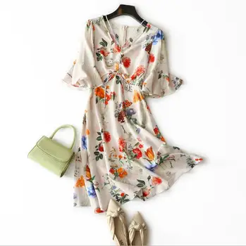 

European and American women's wear 2020 summer new style A five-minute sleeve butterfly collar Floral print fashion silk dress