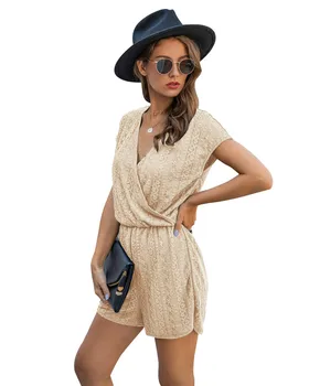 

solid playsuit v-neck jumpsuit short women rompers casual overalls combinaison femme monos mujer verano woman summer jumpsuits