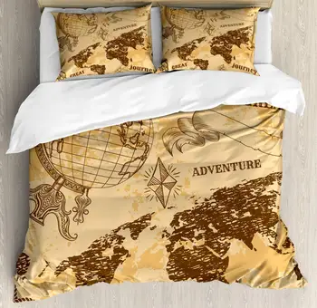 

Steampunk Duvet Cover Set Pattern with Abstract World Map Rope Knots Sketch Adventure Theme Decorative 3 Piece Bedding Set