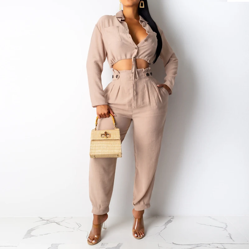 

Beige two piece set Women Casual Matching Sets Front Button V Neck Full Sleeve Bandage Crop Top Pants Plus Size Club outfits