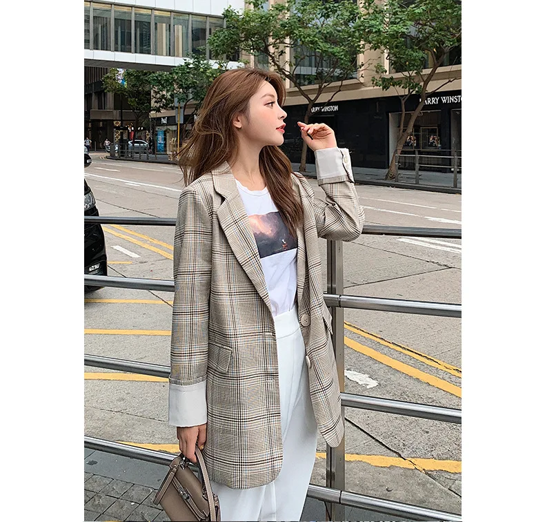 Фотосессия клетчатый костюм куртка женская винтажный Гонконгский стиль весна и осень стиль корейский стиль Свободный Повседневный чувство де