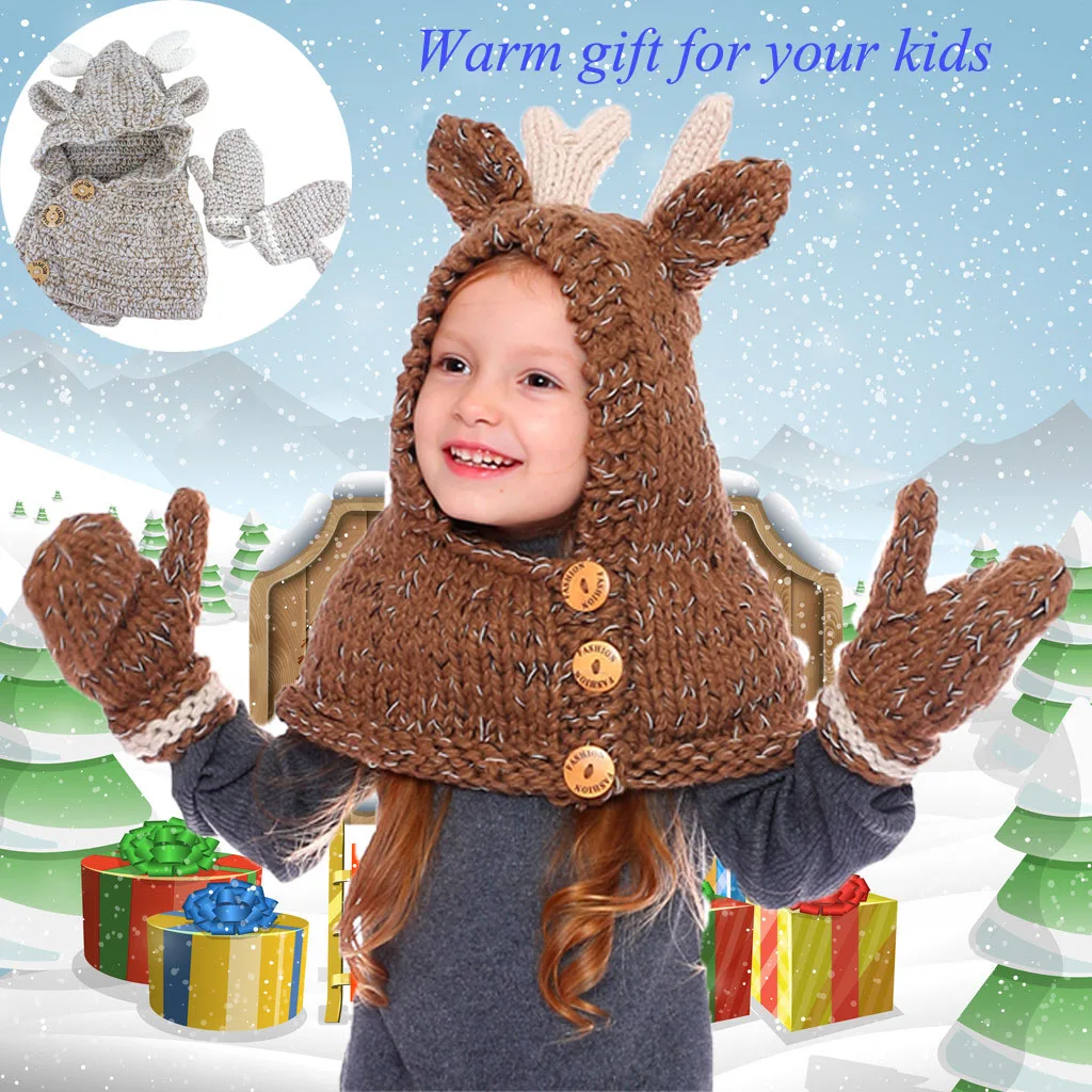 Новая модная зимняя милая детская шапка для мальчиков и девочек с изображением животных лося, шарф, перчатки, комплект, теплые вязаные шапки