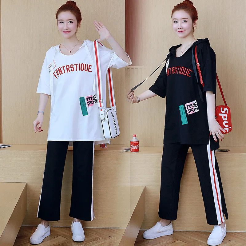 

Spring And Summer Korean-style Loose-Fit Hooded Pregnant Women Set Embroidered Printed Shirt Webbing Joint Wide-Leg Maternity Pa