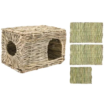 

Rabbit Hut Hand-Woven Hay Bed, Rabbit Hamster Guinea Pig Chinchilla Hut Toy with 3 (2L + 1M) Mats