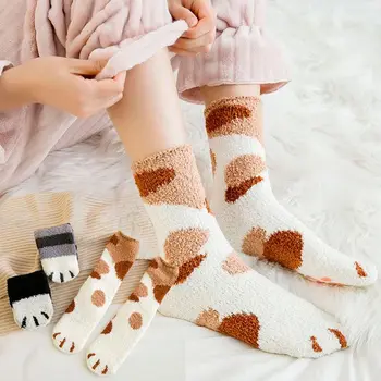 

Women Winter Coral Cat Paw Print Plus Velvet Home Slipper Socks with Grippers