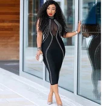 

African Dresses For Women Sexy Solid Diamonds Sleeveless Halter Tight Party Midi Dress Ladies Casual Elegant Club Party Vestidos