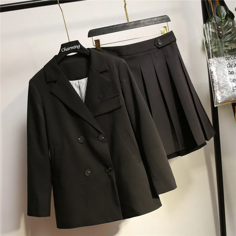 Элегантная повседневная женская костюмная юбка, комплект большого размера, XL-5XL, модная свободная двубортная куртка, женская короткая юбка, костюм из двух предметов