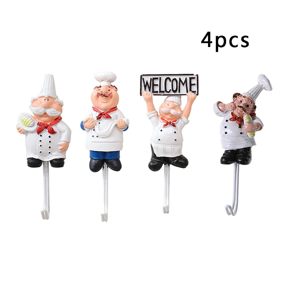 

4pcs Kitchen Cartoon Chef Hook Resin Powerful Adhesive Hanger Wall Storage Resin + Stainless Steel Hooks