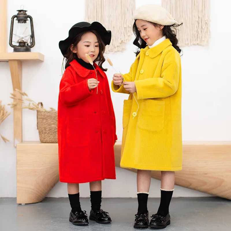 Christmas Autumn New Fashion Winter Wool Coat For Girls Teenage Girls Jacket Kids Woolen Coats Baby Pricess Clothing Red Yellow