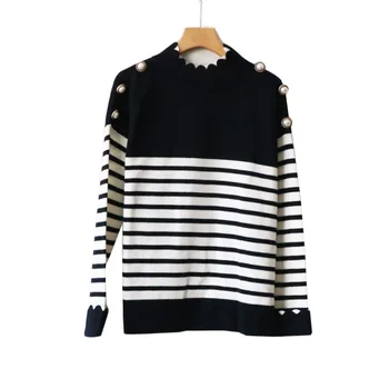 

Women Sweater Wave Flanged Long Sleeve Petal Gold Beaded Knit Top