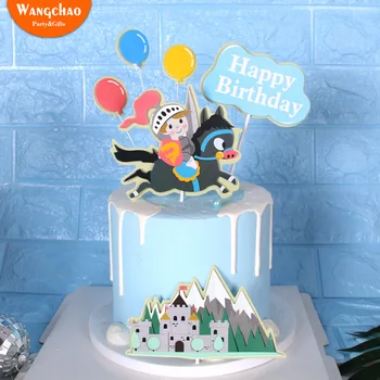 

1 Set Double Layers Castle Knight Prince Theme Happy Birthday Cake Topper Boys Kids Favors Party Supplies Cake Decorations